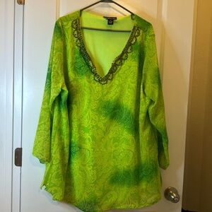 Metro 22 Blouse greens sheer sleeve & outer top solid green underneath beads 3X